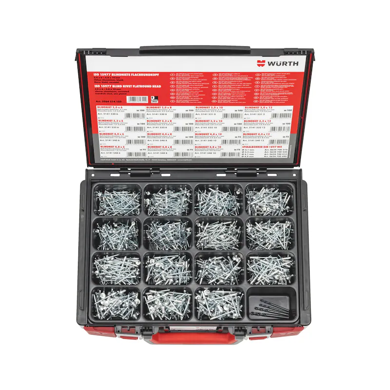 Würth Blindniet Sortiment ISO 15977 Alu/Stahl 1379-teilig Flachkopf im Systemkoffer 4.4.1
