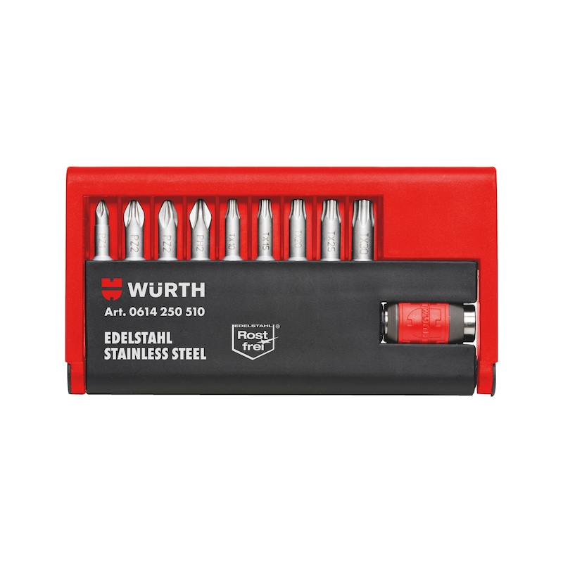 Würth Bit Sortiment 10-teilig 1/4 Zoll TX10 TX15 TX20 TX25 TX30 PZ1 PZ2 PH2 mit Edelstahl Schnellwechselhalter
