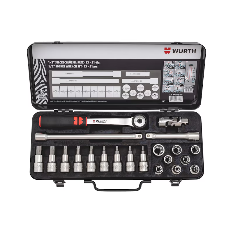 Würth Steckschlüsselsatz 1/2 Zoll TX 21 teilig Metallkassette ZEBRA