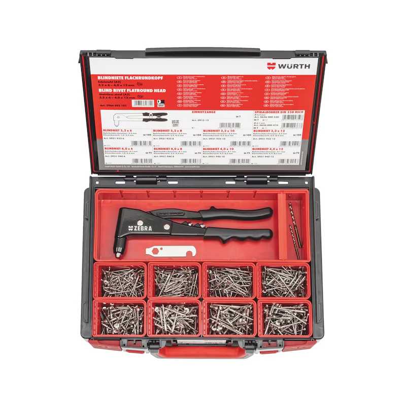 Würth Blindniet Sortiment Edelstahl A2/A2 703-teilig Flachkopf mit Nietzange Systemkoffer 4.4.1