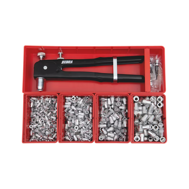 Würth Einnietmuttern Senkkopf Sortiment 605-teilig M4–M8 Aluminium inkl. Zange ORSY 4.4.1