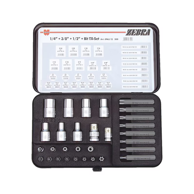 Würth Steckschlüssel- und Bit-Sortiment TX 30-teilig Innen-TX Außen-TX E5–E24 10 mm Bits mit Metallkoffer