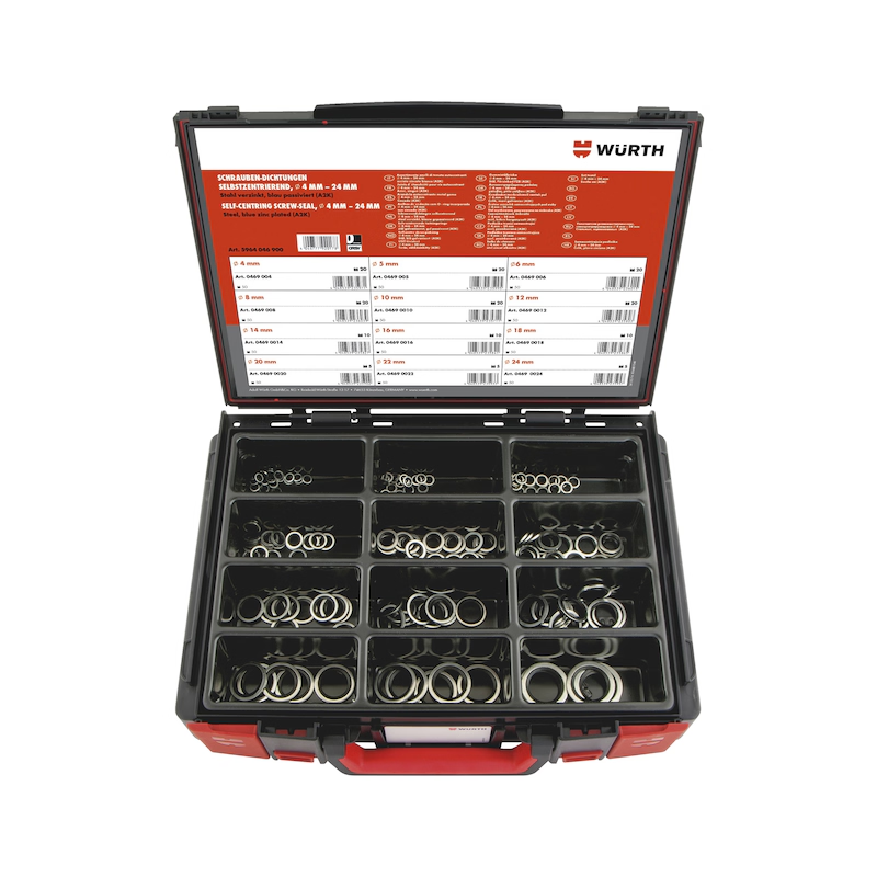 Würth Schraubendichtung selbstzentrierend Sortiment 165-teilig M4–M24 im Systemkoffer ORSY