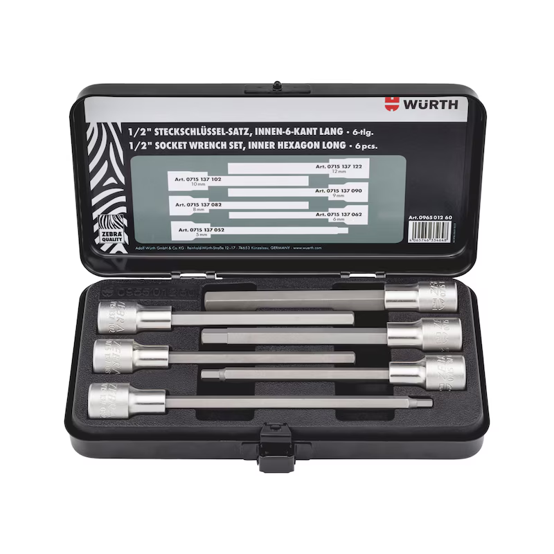 Würth Steckschlüsselsatz 1/2 Zoll Innensechskant lang 6 teilig Metallkassette ZEBRA Profi