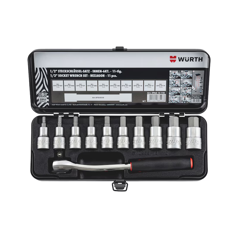 Würth Steckschlüsselsatz 1/2 Zoll Innensechskant 11 teilig Metallkassette ZEBRA