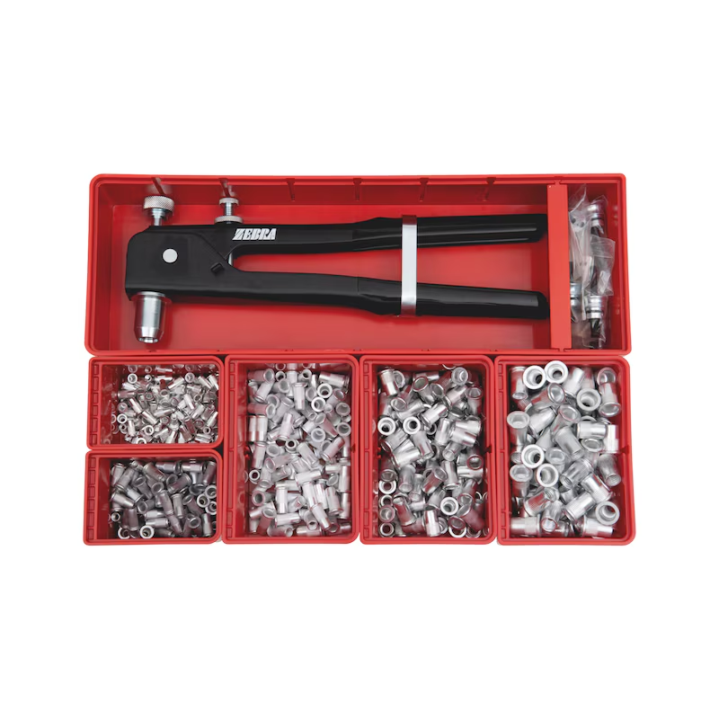 Würth Einnietmuttern Flachrundkopf Sortiment 506-teilig M3–M8 Aluminium inkl. Zange ORSY 4.4.1