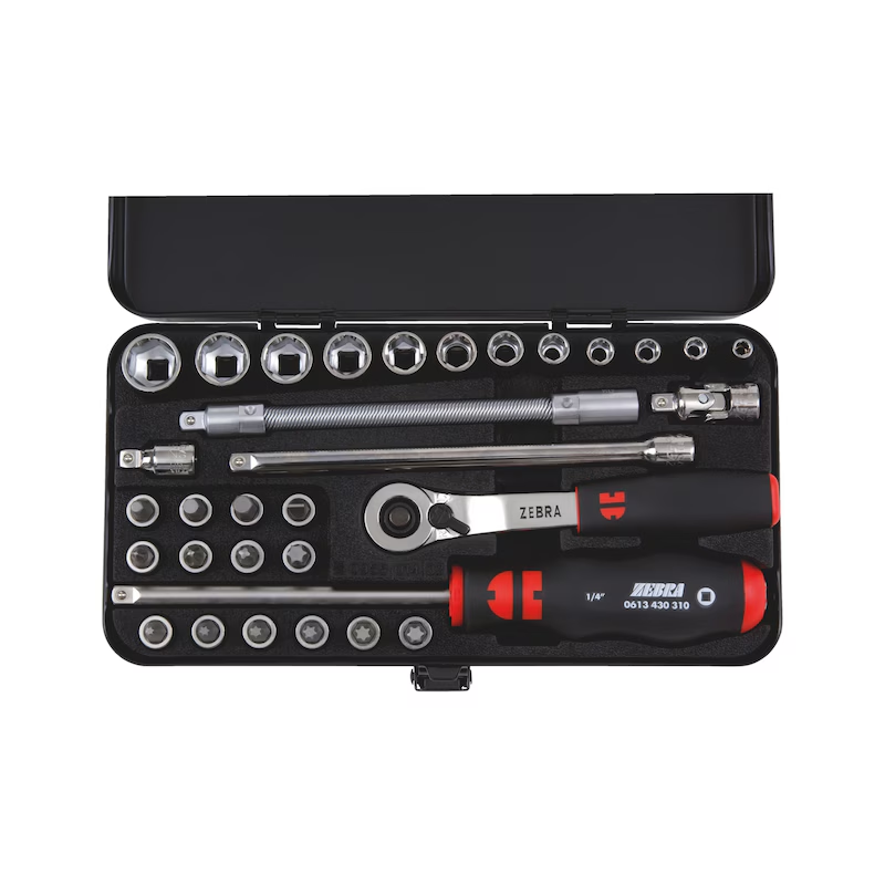 Würth Steckschluesselsatz 1/4 Zoll 32 teilig mit Bits Metallkassette ZEBRA