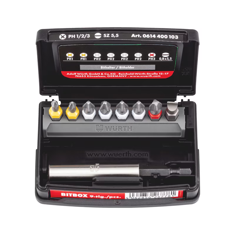 Würth ORSY Bitbox Größe 1 PH1 PH2 PH3 Schlitz 0,8 x 5,5 mm mit Bithalter – 9-teilig