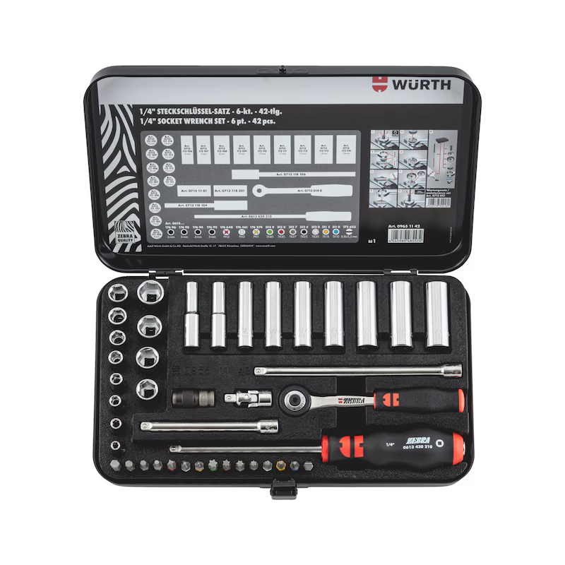 Würth Steckschlüsselsatz 1/4 Zoll 42 teilig Metallkassette ZEBRA Profi
