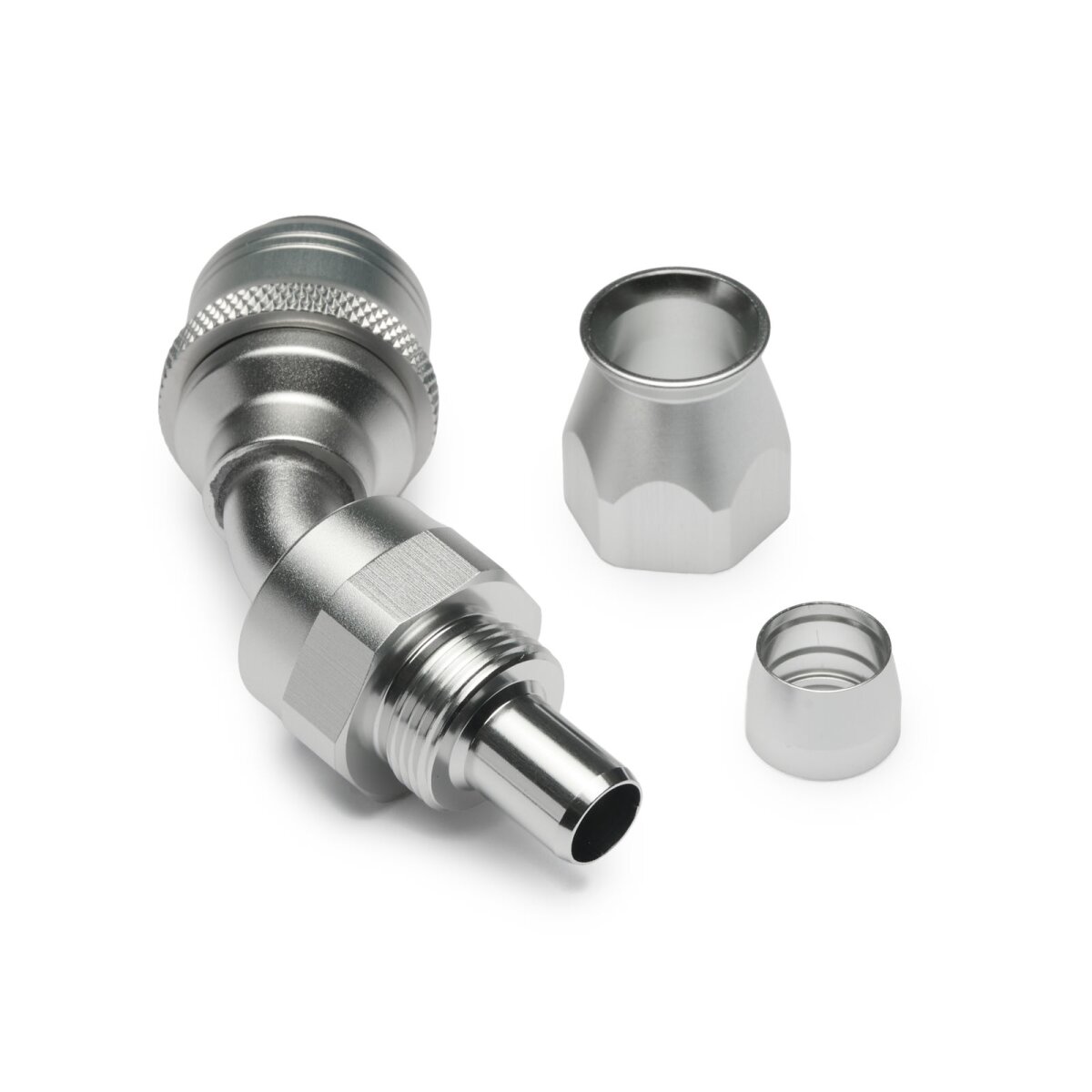 Quick Click PTFE Schlauchanschluss Fitting weiblich Dash 6 / -06 AN - 45° - silber matt